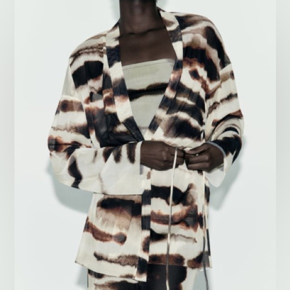 Zara NWT tie dye print mesh wrap belted tie waist kimono - brown black ivory